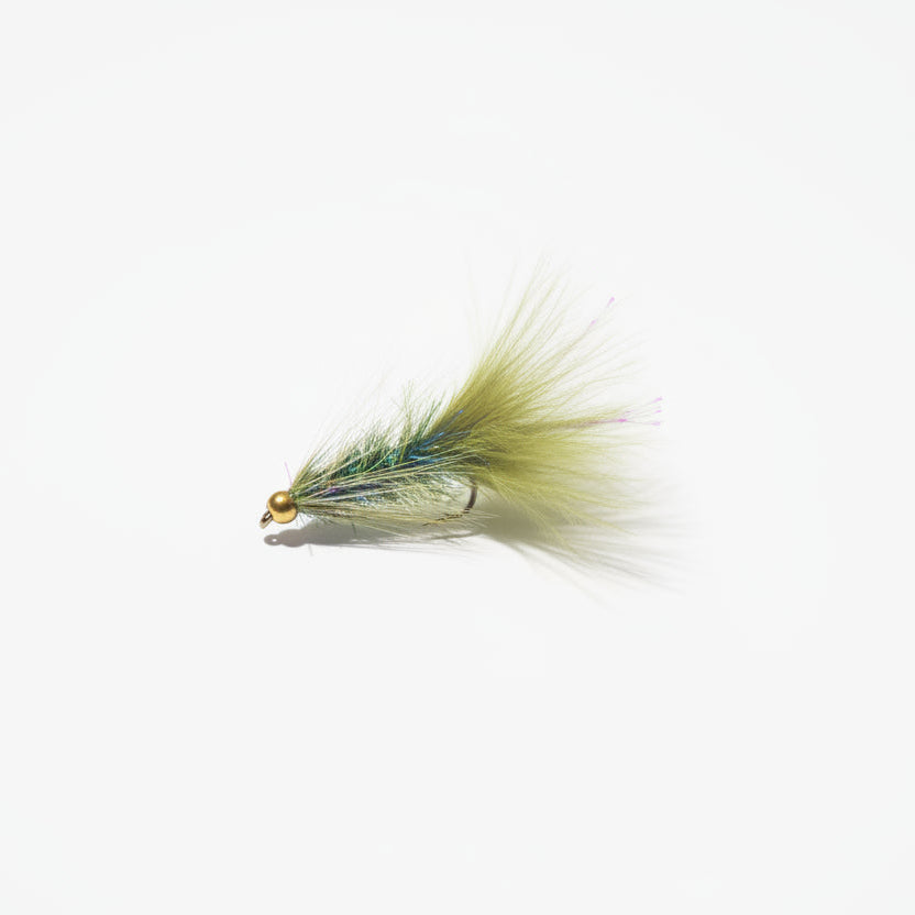 Fishing fly with green body and brown head on a white background