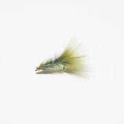 Fishing fly with green body and brown head on a white background