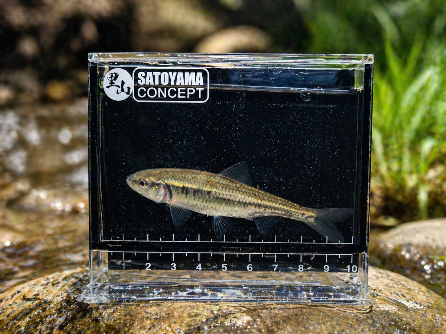 Fish specimen in a clear container with Satoyama Concept branding on a natural background