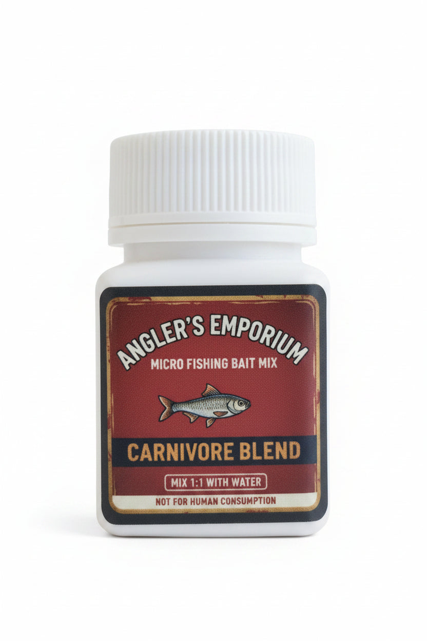Angler's Emporium Carnivore Blend micro fishing bait mix on a wooden surface