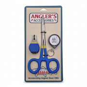 Angler's Accessories packaging with blue forceps, snips, and a retractor on a white background. 