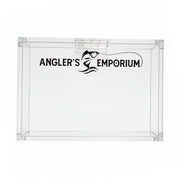 Clear acrylic tray with 'Angler's Emporium' logo on a white background
