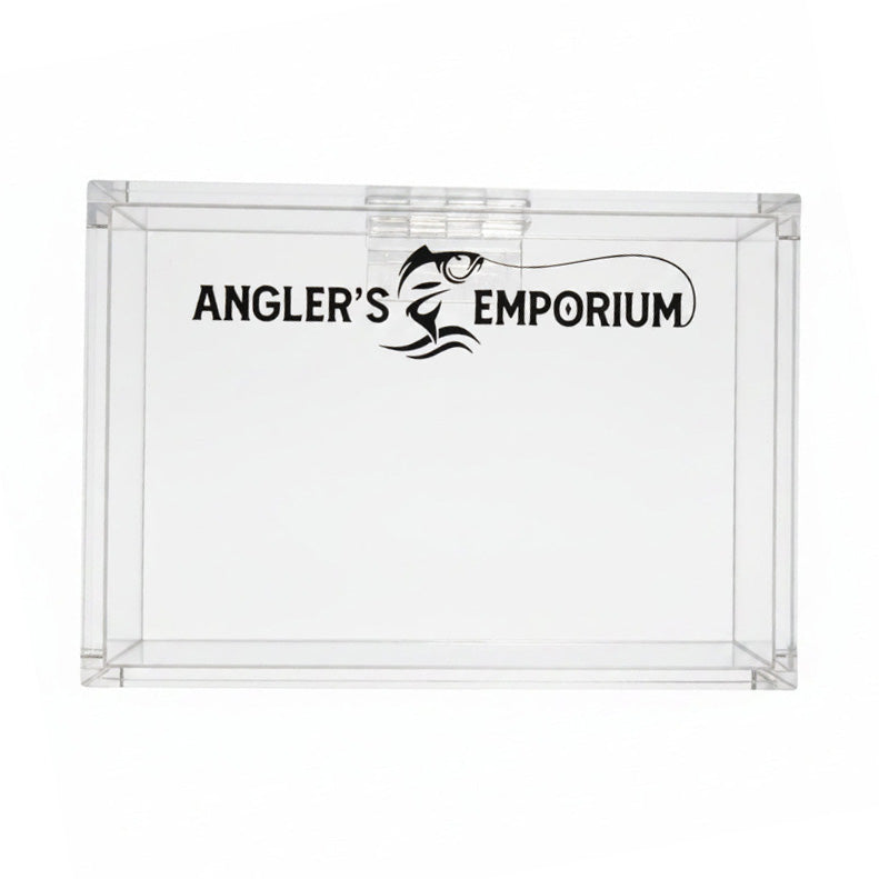 Clear acrylic tray with 'Angler's Emporium' logo on a white background