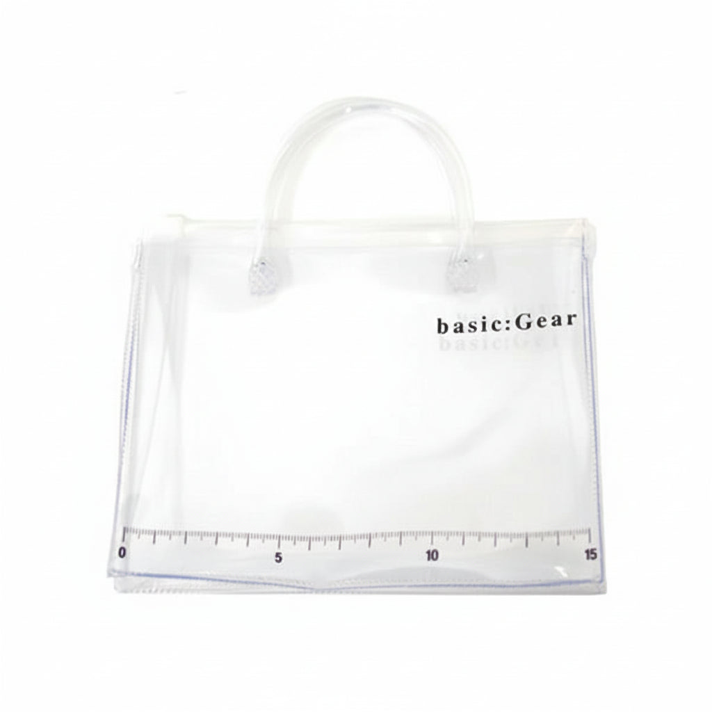 Clear tote bag with 'basic:Gear' branding on a white background