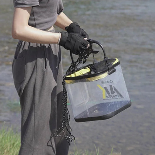 woman holding clear fish box