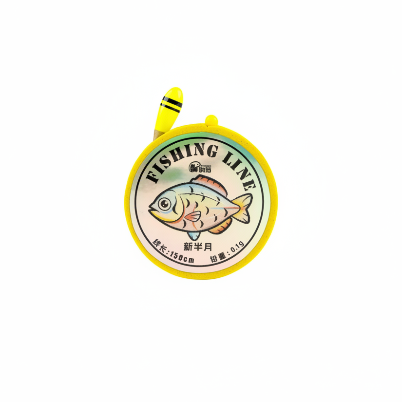 Fishing line reel with fish illustration and text on a white background