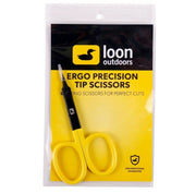 Loon Outdoors Ergo Precision Tip Scissors packaging with yellow scissors and black handle.