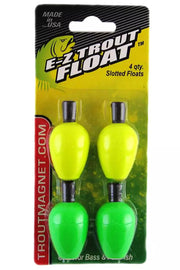 Packaged fishing floats with yellow and green colors on a clear background