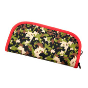 Camouflage-patterned pouch with red border on a white background