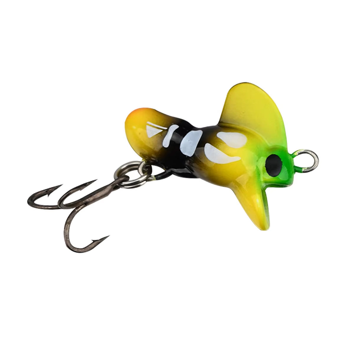 A fishing lure with a yellow, green, and black gradient body, white stripe details, and a triple hook attached, shown on a plain white background.