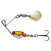 Fishing lure with a colorful body and metal hook on a white background