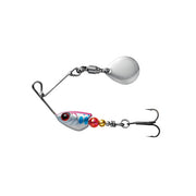 Fishing lure with a metal body and treble hook on a white background