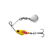 Fishing lure with a yellow and red body on a white background