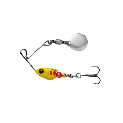 Fishing lure with a yellow and red body on a white background