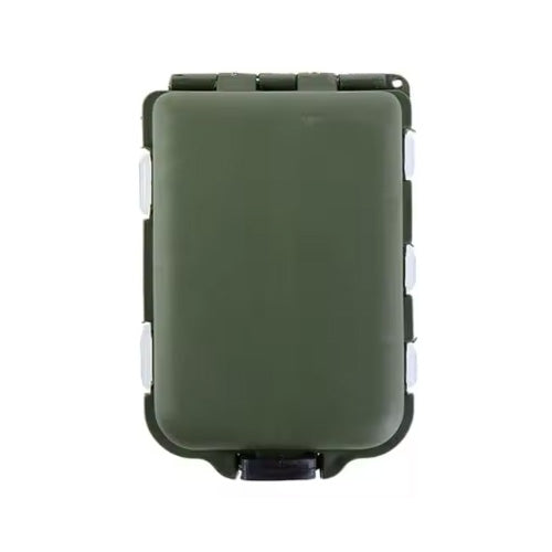 olive colored fly box with clam shape