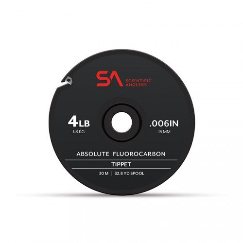 Black spool of Scientific Anglers Absolute Fluorocarbon Tippet on a white background