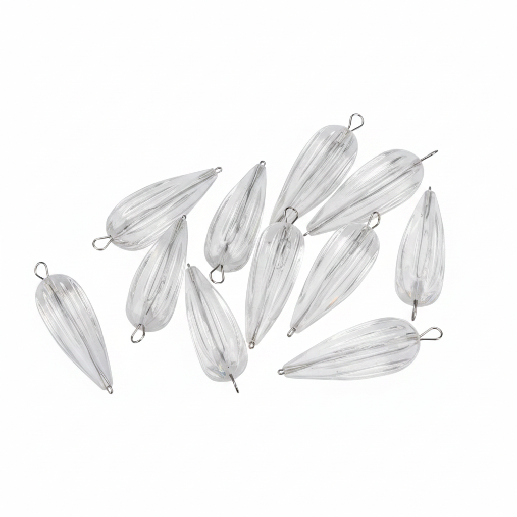 Clear fishing sinkers on a gray background 
