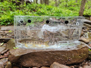 Clear ruler with measurements on a rock in a forest setting