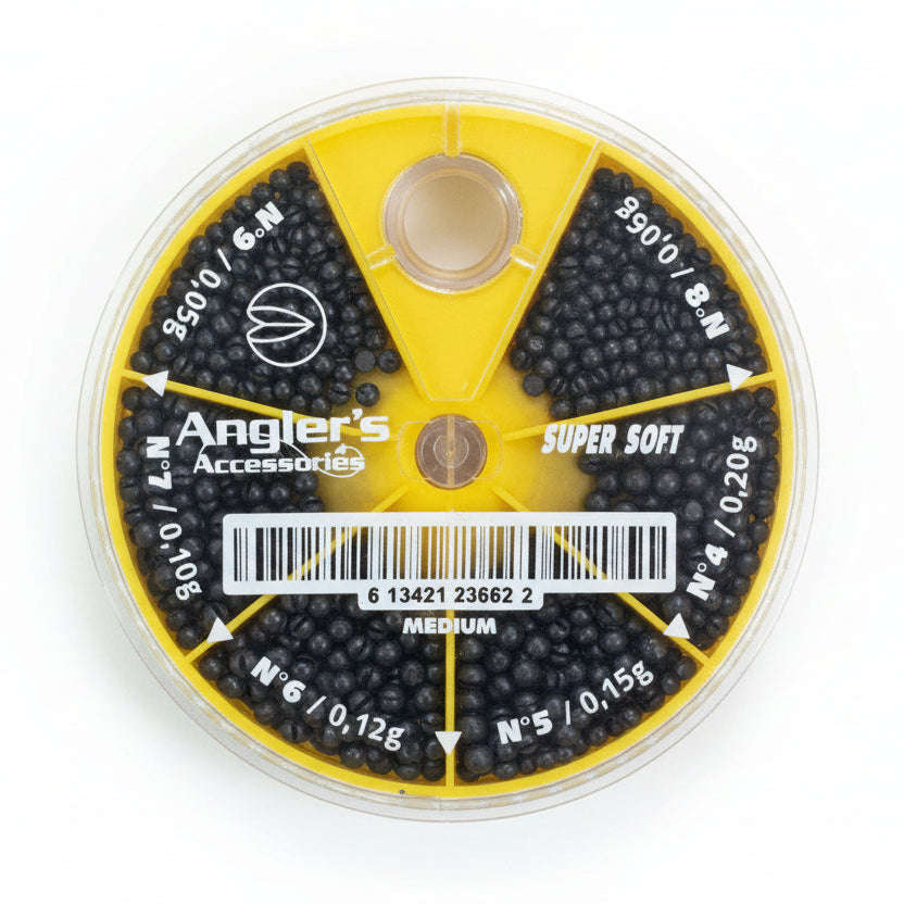 A dial dispenser with an assortment of fishing sinkers, labeled 'Super Doux' with size indicators in grams.